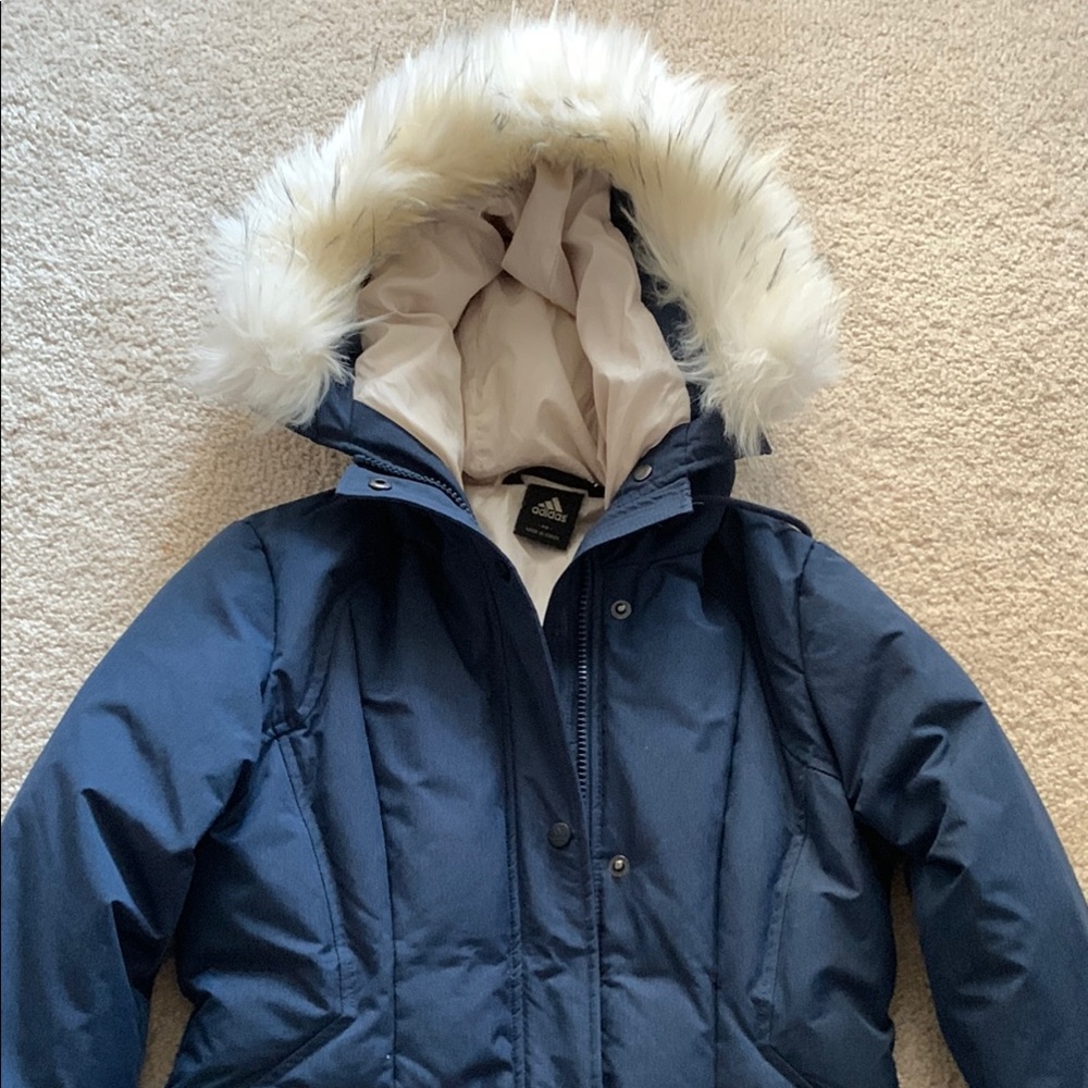 Adidas long parka Blue and White with unique white Fur Hood